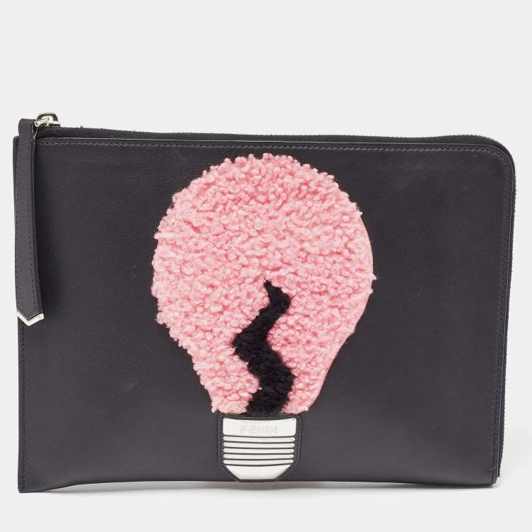 Pre Owned Fendi Black Leather and Shearling Fur FF Fflynn Zip Clutch