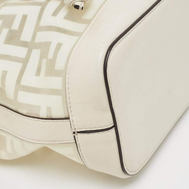 Pre Owned Fendi White Zucca PVC And Leather Mini Mon Tresor Drawstring Bucket Bag