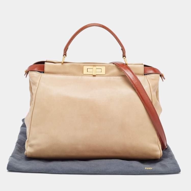 Pre Owned Fendi Beige/Brown Leather Large Peekaboo Top Handle Bag