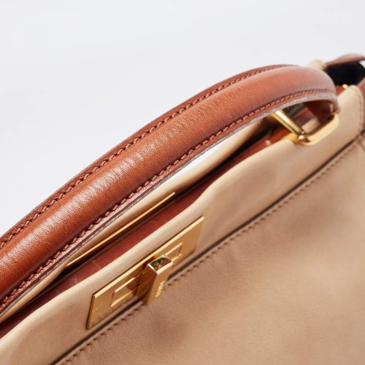 Pre Owned Fendi Beige/Brown Leather Large Peekaboo Top Handle Bag
