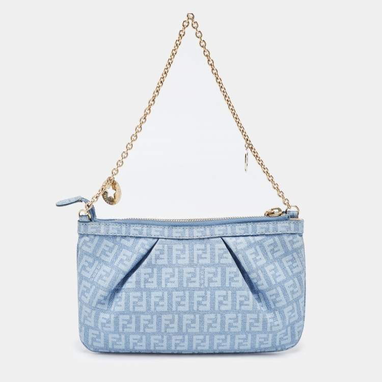 Pre Owned Fendi Blue Zucchino Coated Denim Charm Chain Pochette 