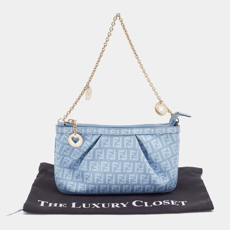 Pre Owned Fendi Blue Zucchino Coated Denim Charm Chain Pochette 