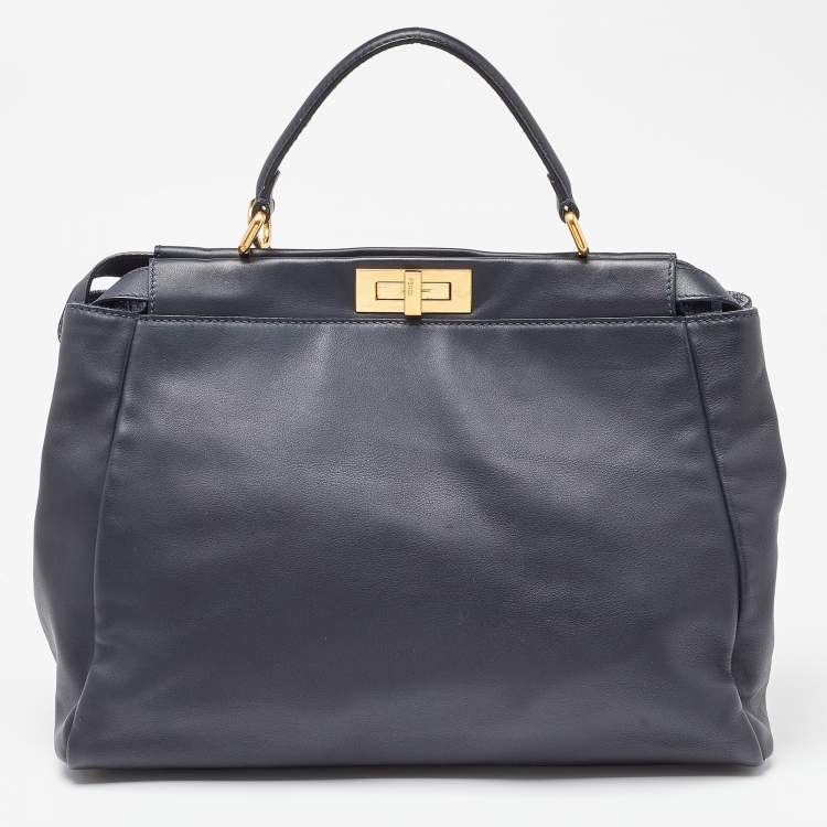 Pre Owned Fendi Dark Blue Leather Large Peekaboo Top Handle Bag