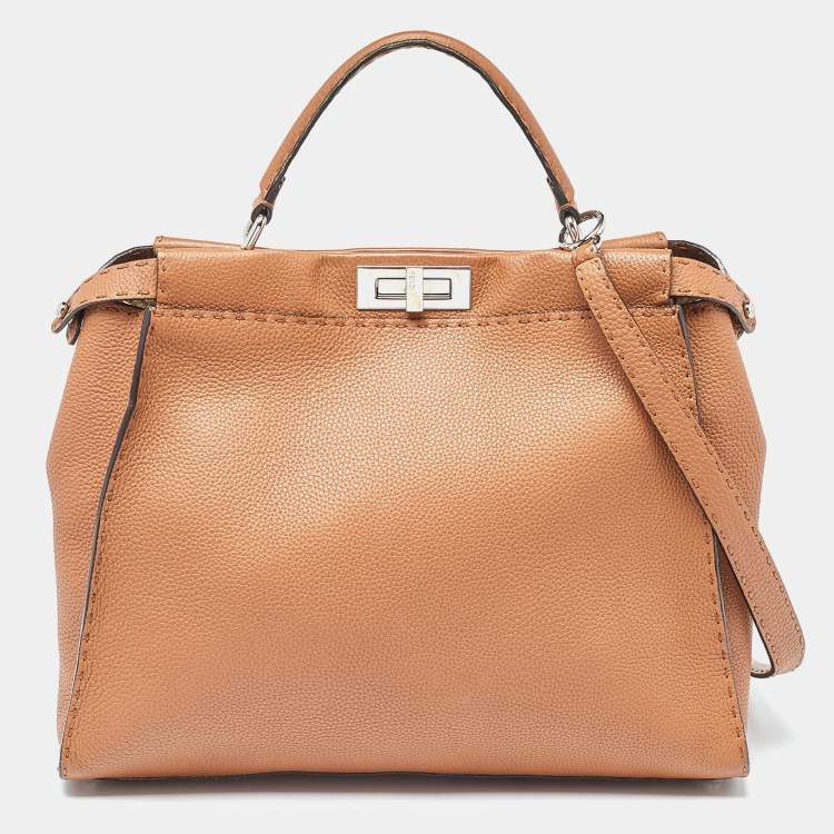 Pre Owned Fendi Brown Leather Large Peekaboo Top Handle Bag