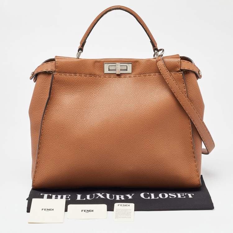 Pre Owned Fendi Brown Leather Large Peekaboo Top Handle Bag