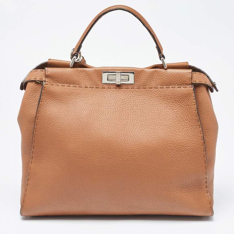 Pre Owned Fendi Brown Leather Large Peekaboo Top Handle Bag