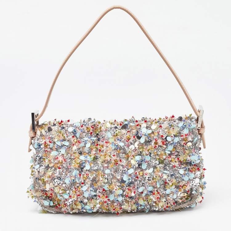 Pre Owned Fendi Pink Sequins/Beaded and Leather Baguette Bag