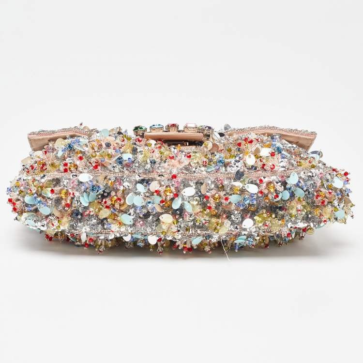 Pre Owned Fendi Pink Sequins/Beaded and Leather Baguette Bag