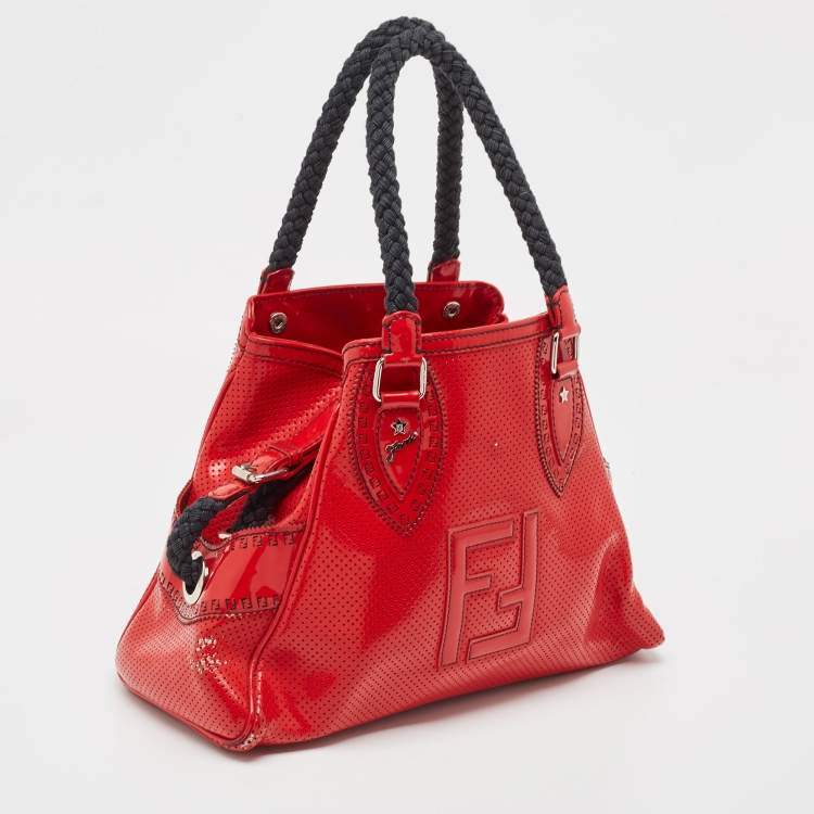 Pre Owned Fendi Red Perforated Patent Leather De Jour Tote