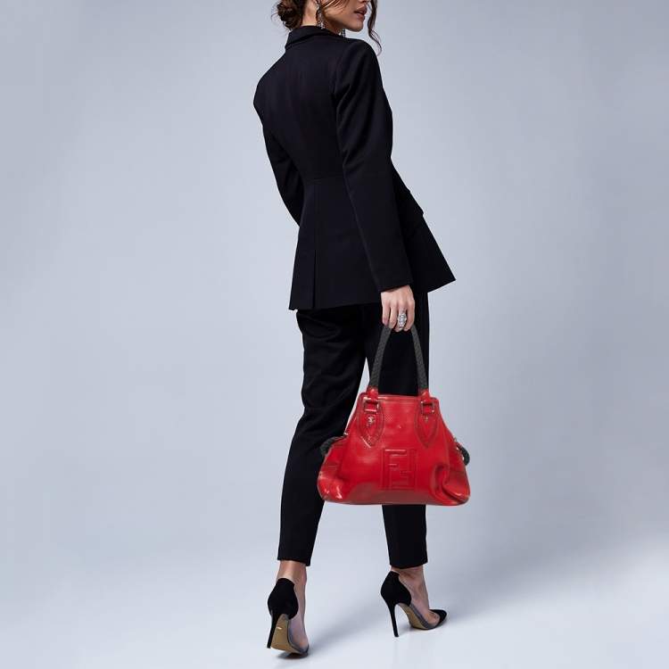 Pre Owned Fendi Red Perforated Patent Leather De Jour Tote