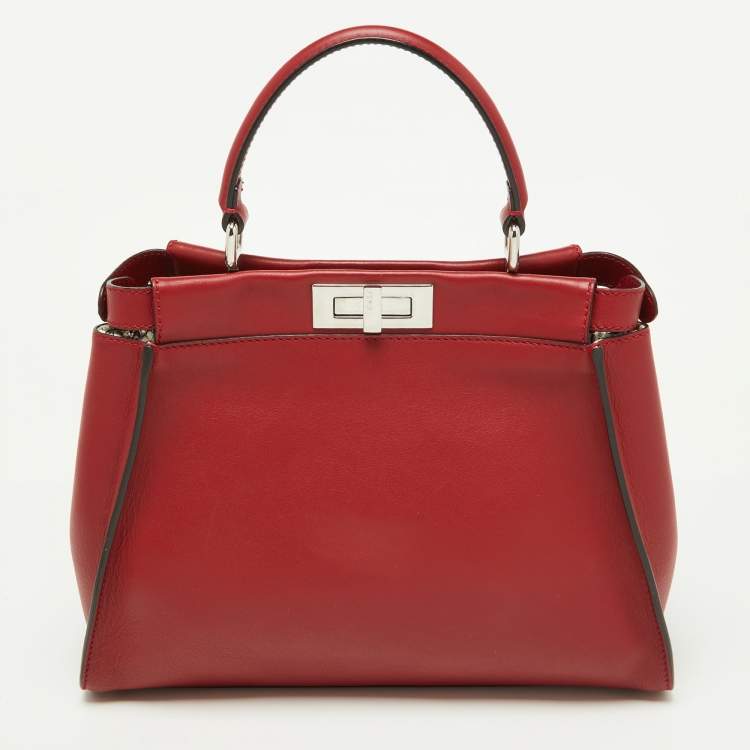 Pre Owned Fendi Red Leather Regular PeekabooTop Handle Bag