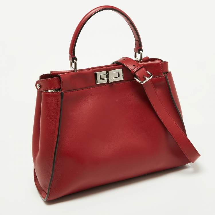 Pre Owned Fendi Red Leather Regular PeekabooTop Handle Bag
