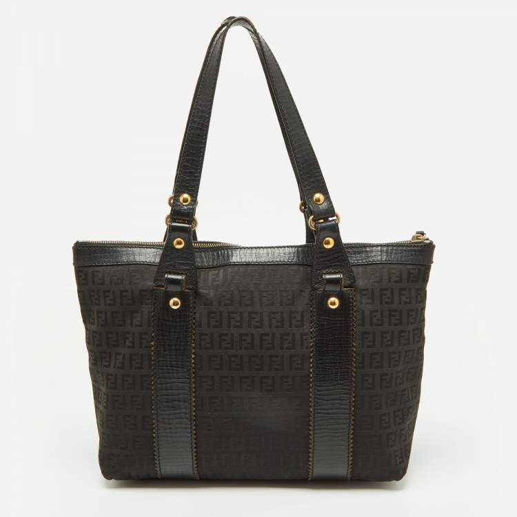 Pre Owned Fendi Black Zuchino Fabric and Leather Top Zip Tote