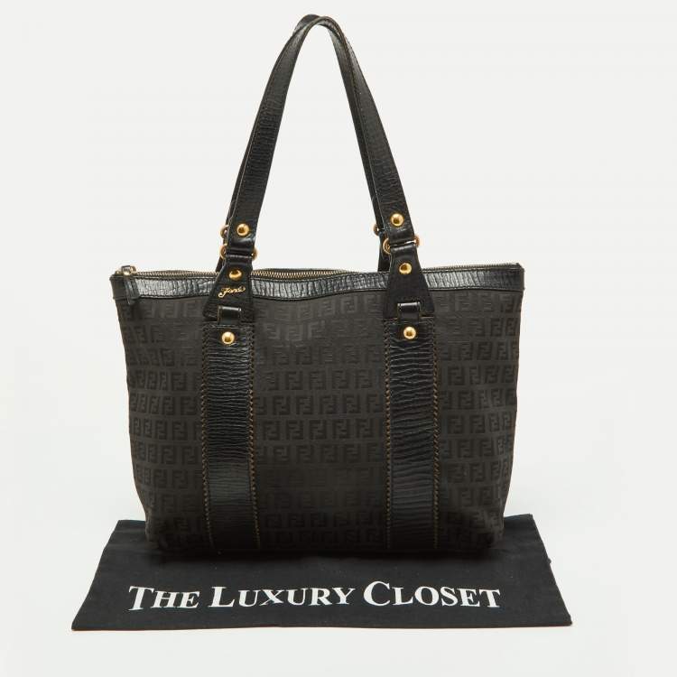 Pre Owned Fendi Black Zuchino Fabric and Leather Top Zip Tote