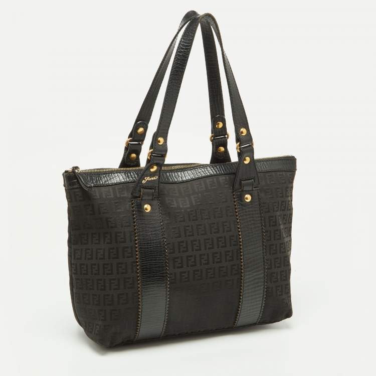 Pre Owned Fendi Black Zuchino Fabric and Leather Top Zip Tote