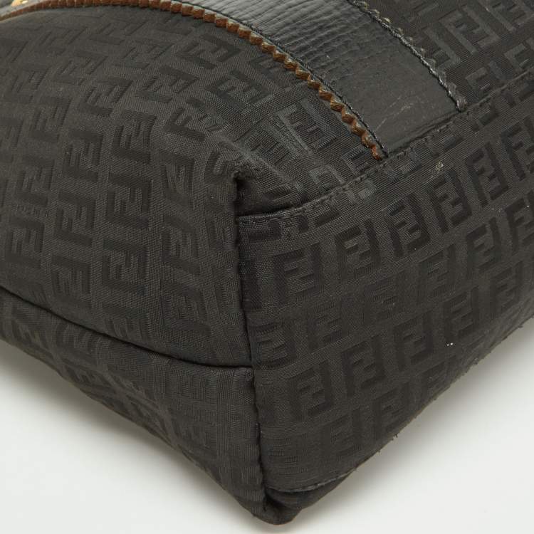 Pre Owned Fendi Black Zuchino Fabric and Leather Top Zip Tote