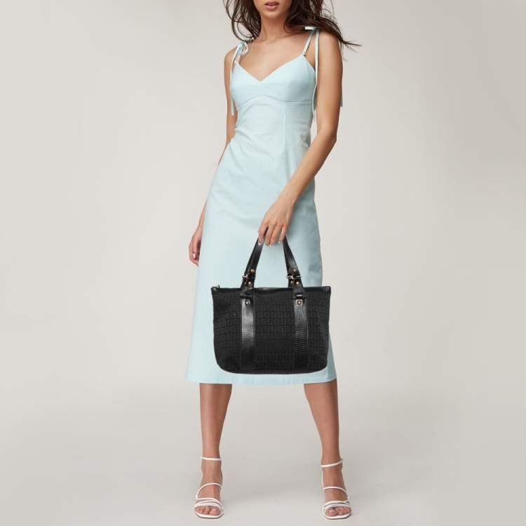 Pre Owned Fendi Black Zuchino Fabric and Leather Top Zip Tote