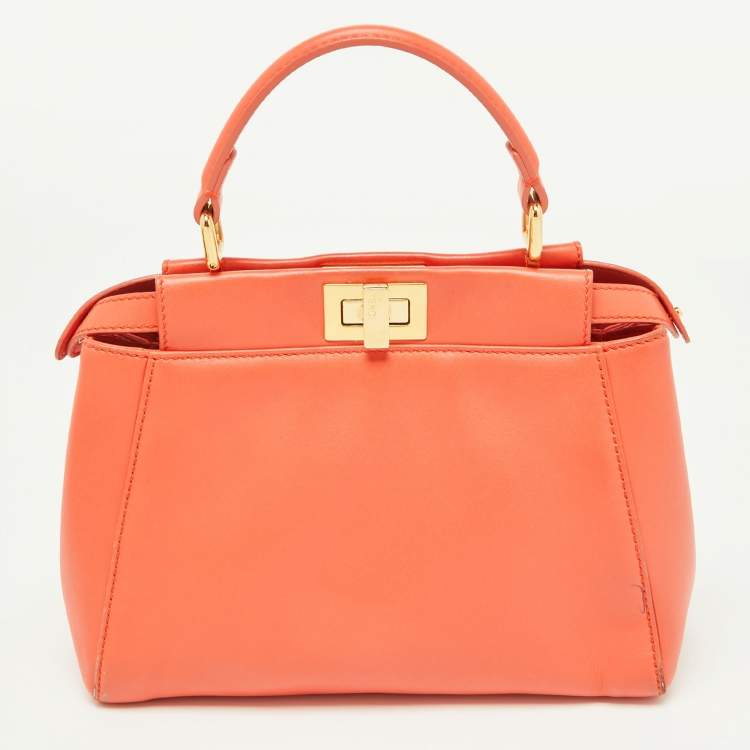 Pre Owned Fendi Orange Leather Mini Peekaboo Top Handle Bag