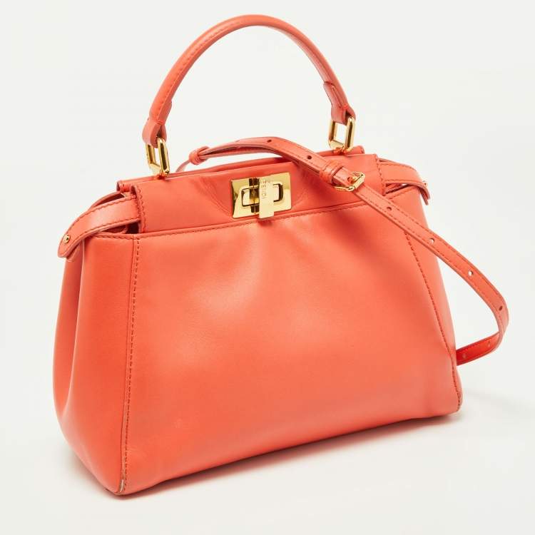 Pre Owned Fendi Orange Leather Mini Peekaboo Top Handle Bag