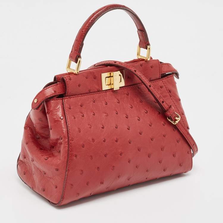 مملوكة مسبقًا Fendi Red Ostrich Leather Mini Peekaboo Top Handle Bag