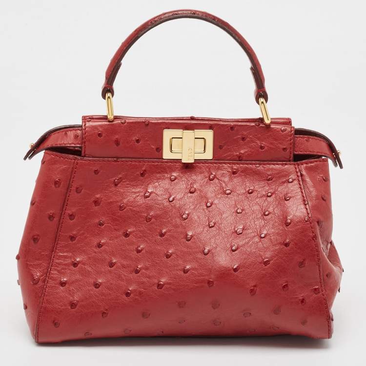 مملوكة مسبقًا Fendi Red Ostrich Leather Mini Peekaboo Top Handle Bag