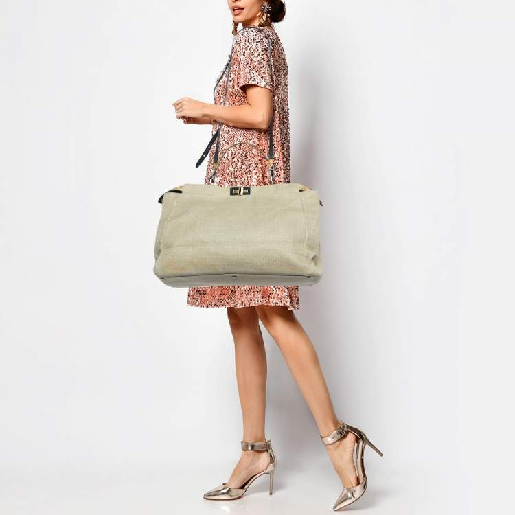 Pre Owned Fendi Cream Canvas and Leather Extra Large Peekaboo Top Handle Bag