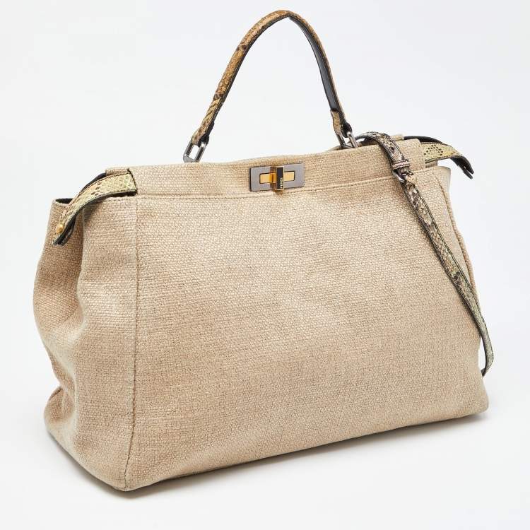 Pre Owned Fendi Cream Canvas and Leather Extra Large Peekaboo Top Handle Bag