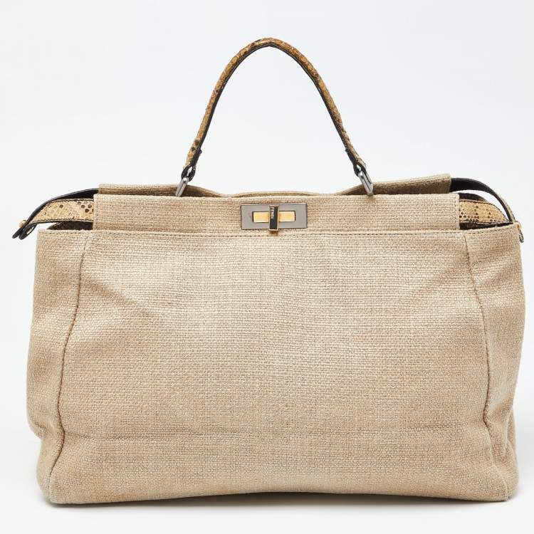 Pre Owned Fendi Cream Canvas and Leather Extra Large Peekaboo Top Handle Bag