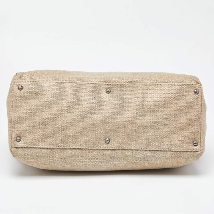 Pre Owned Fendi Cream Canvas and Leather Extra Large Peekaboo Top Handle Bag