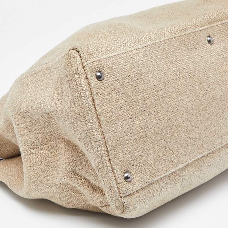 Pre Owned Fendi Cream Canvas and Leather Extra Large Peekaboo Top Handle Bag