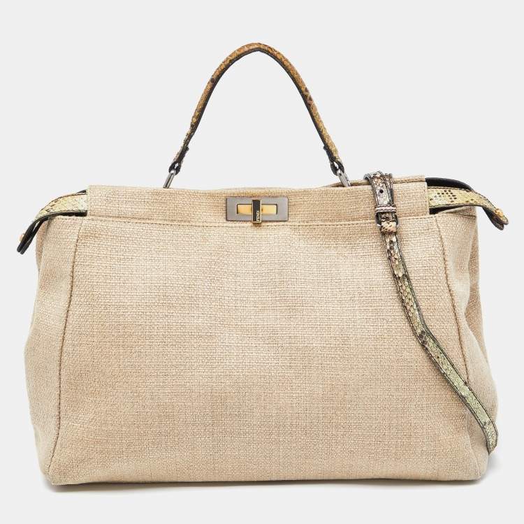 Pre Owned Fendi Cream Canvas and Leather Extra Large Peekaboo Top Handle Bag
