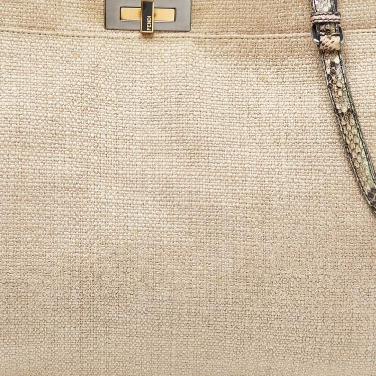 Pre Owned Fendi Cream Canvas and Leather Extra Large Peekaboo Top Handle Bag
