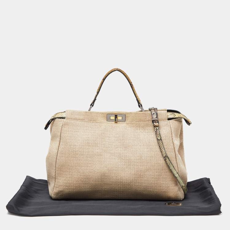 Pre Owned Fendi Cream Canvas and Leather Extra Large Peekaboo Top Handle Bag
