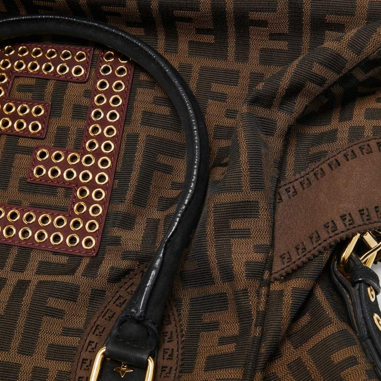 مملوكة مسبقًا Fendi Tobacco/Black Zucca Canvas and Nubuck FF Eyelet Chef De Jour Bag