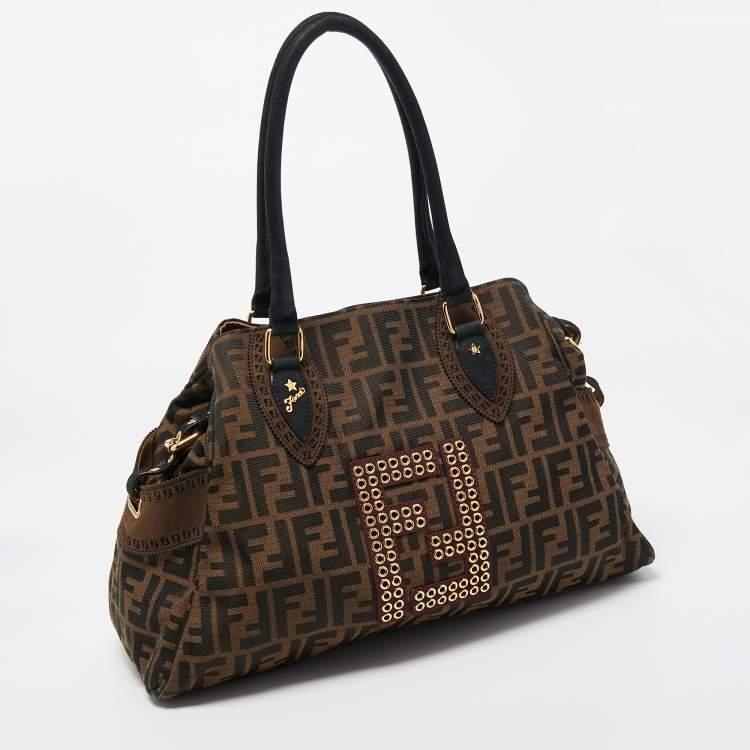 مملوكة مسبقًا Fendi Tobacco/Black Zucca Canvas and Nubuck FF Eyelet Chef De Jour Bag