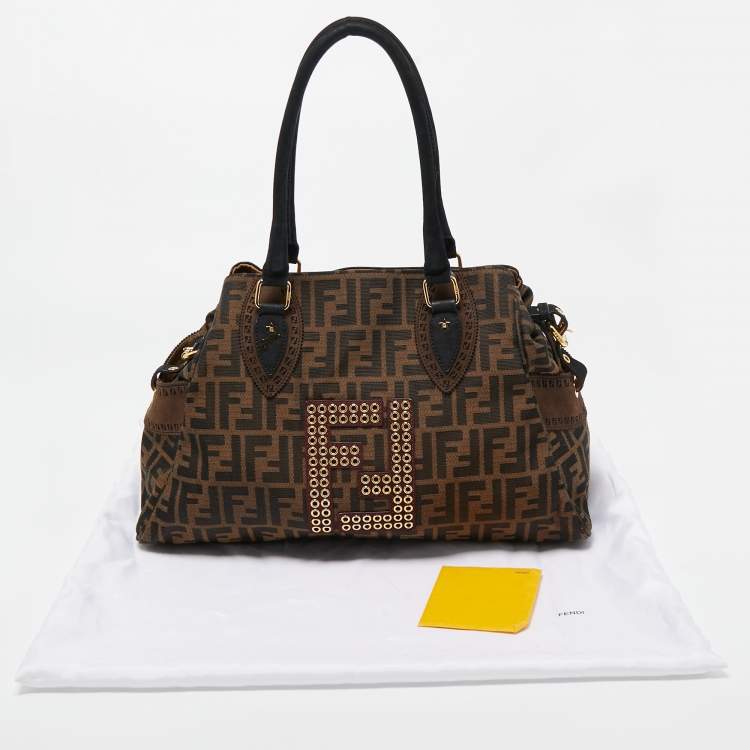 مملوكة مسبقًا Fendi Tobacco/Black Zucca Canvas and Nubuck FF Eyelet Chef De Jour Bag