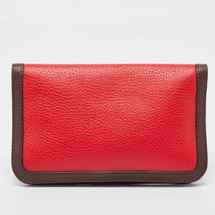 Pre Owned Fendi Dark Brown/Red Selleria Leather Flap Clutch