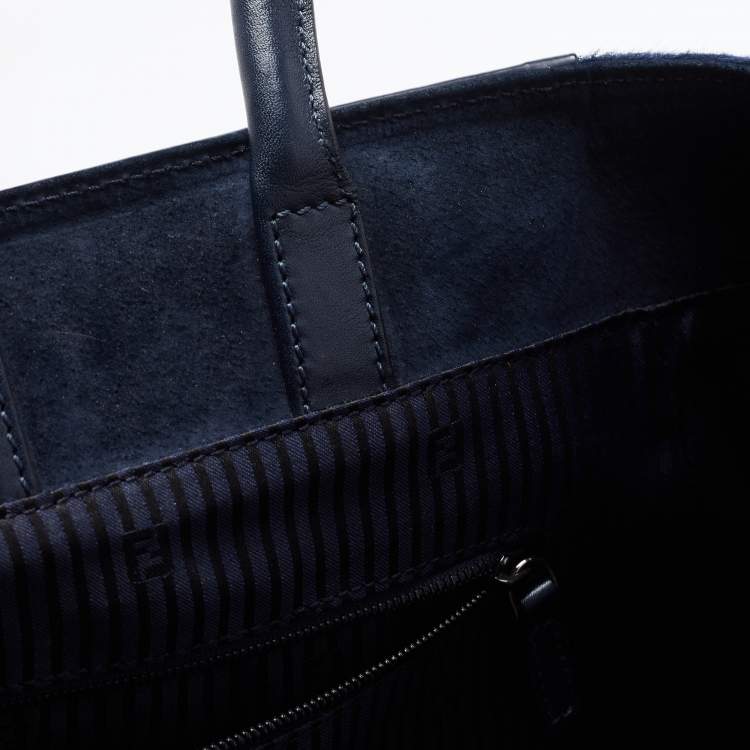 Pre Owned Fendi Navy Blue Patent, Leather and Calfhair Large Studded 2jours Tote
