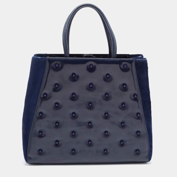 Pre Owned Fendi Navy Blue Patent, Leather and Calfhair Large Studded 2jours Tote