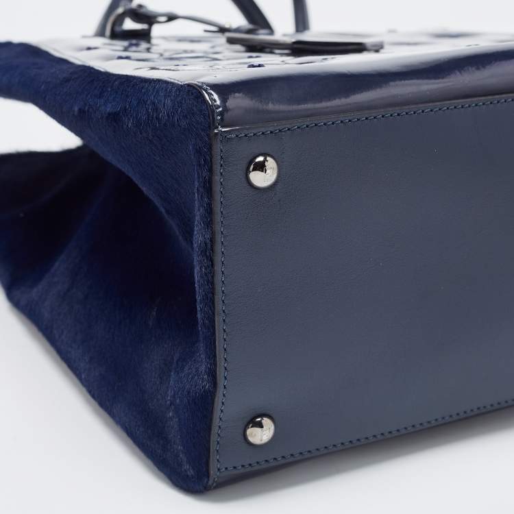 Pre Owned Fendi Navy Blue Patent, Leather and Calfhair Large Studded 2jours Tote