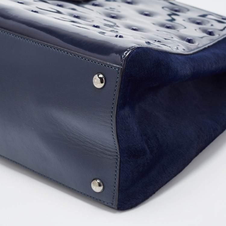 Pre Owned Fendi Navy Blue Patent, Leather and Calfhair Large Studded 2jours Tote