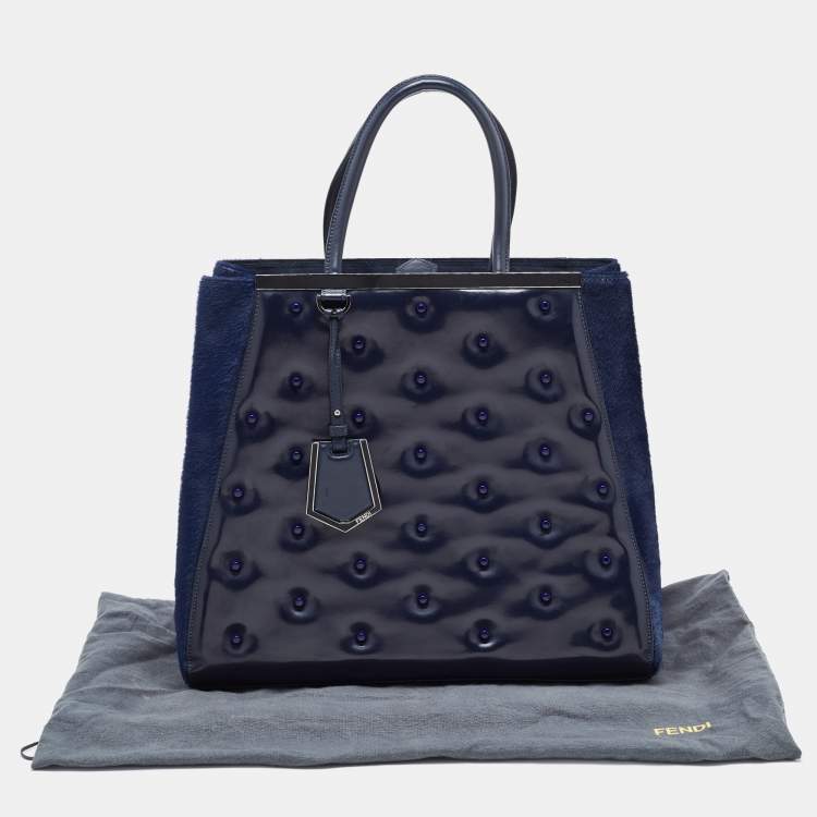 Pre Owned Fendi Navy Blue Patent, Leather and Calfhair Large Studded 2jours Tote