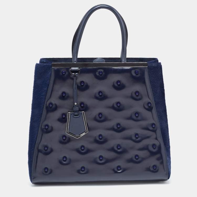 Pre Owned Fendi Navy Blue Patent, Leather and Calfhair Large Studded 2jours Tote