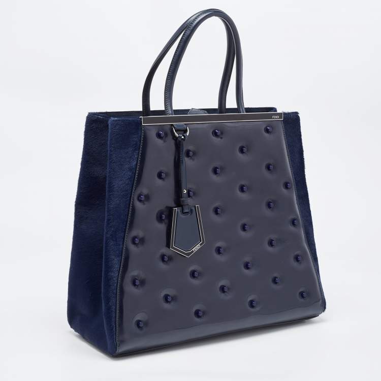 Pre Owned Fendi Navy Blue Patent, Leather and Calfhair Large Studded 2jours Tote