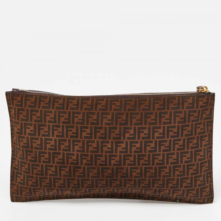 Pre Owned Fendi Tobacco Zucca Suede Flat Zip Pouch