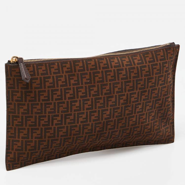 Pre Owned Fendi Tobacco Zucca Suede Flat Zip Pouch