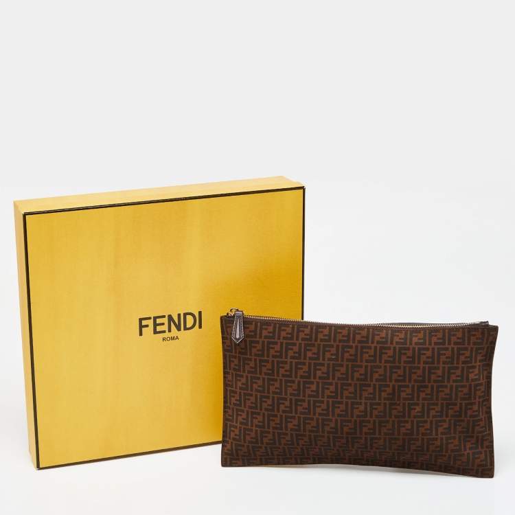 Pre Owned Fendi Tobacco Zucca Suede Flat Zip Pouch