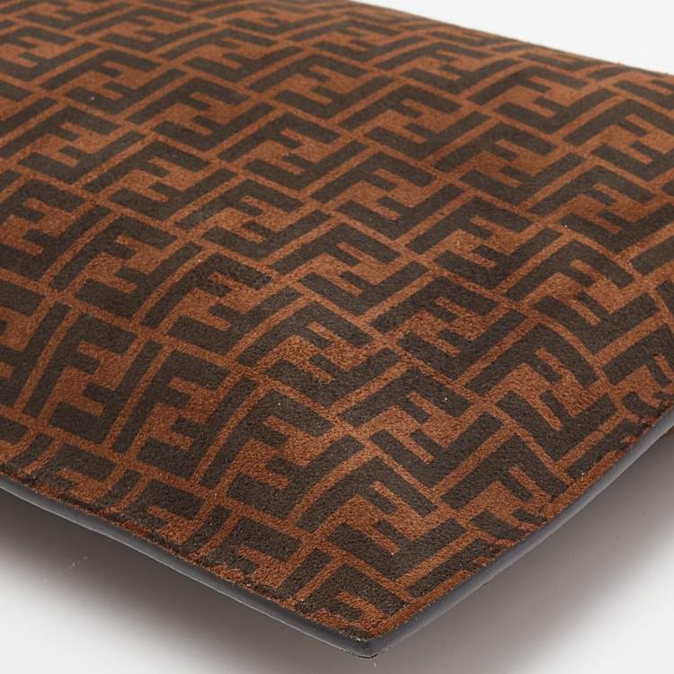 Pre Owned Fendi Tobacco Zucca Suede Flat Zip Pouch