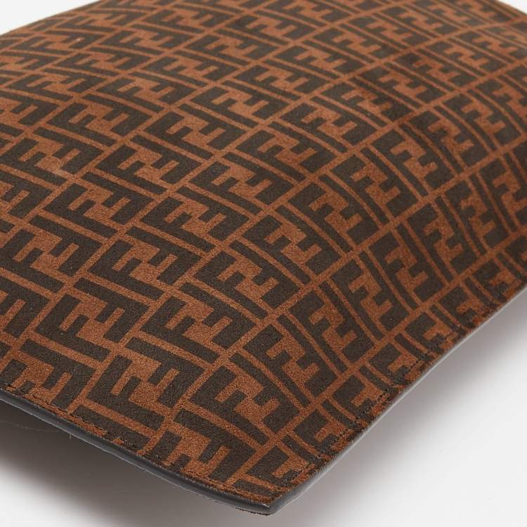 Pre Owned Fendi Tobacco Zucca Suede Flat Zip Pouch