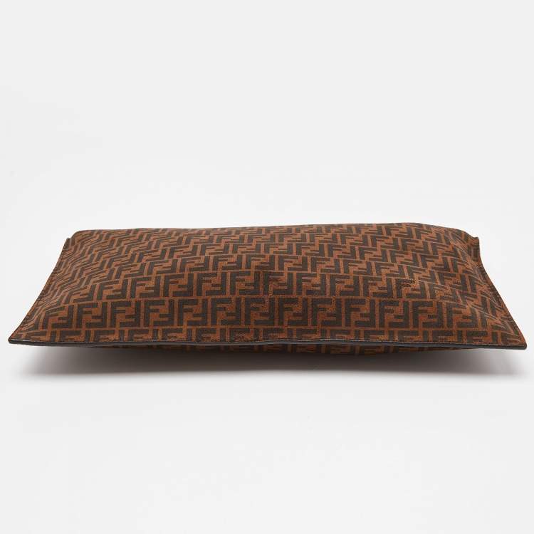 Pre Owned Fendi Tobacco Zucca Suede Flat Zip Pouch